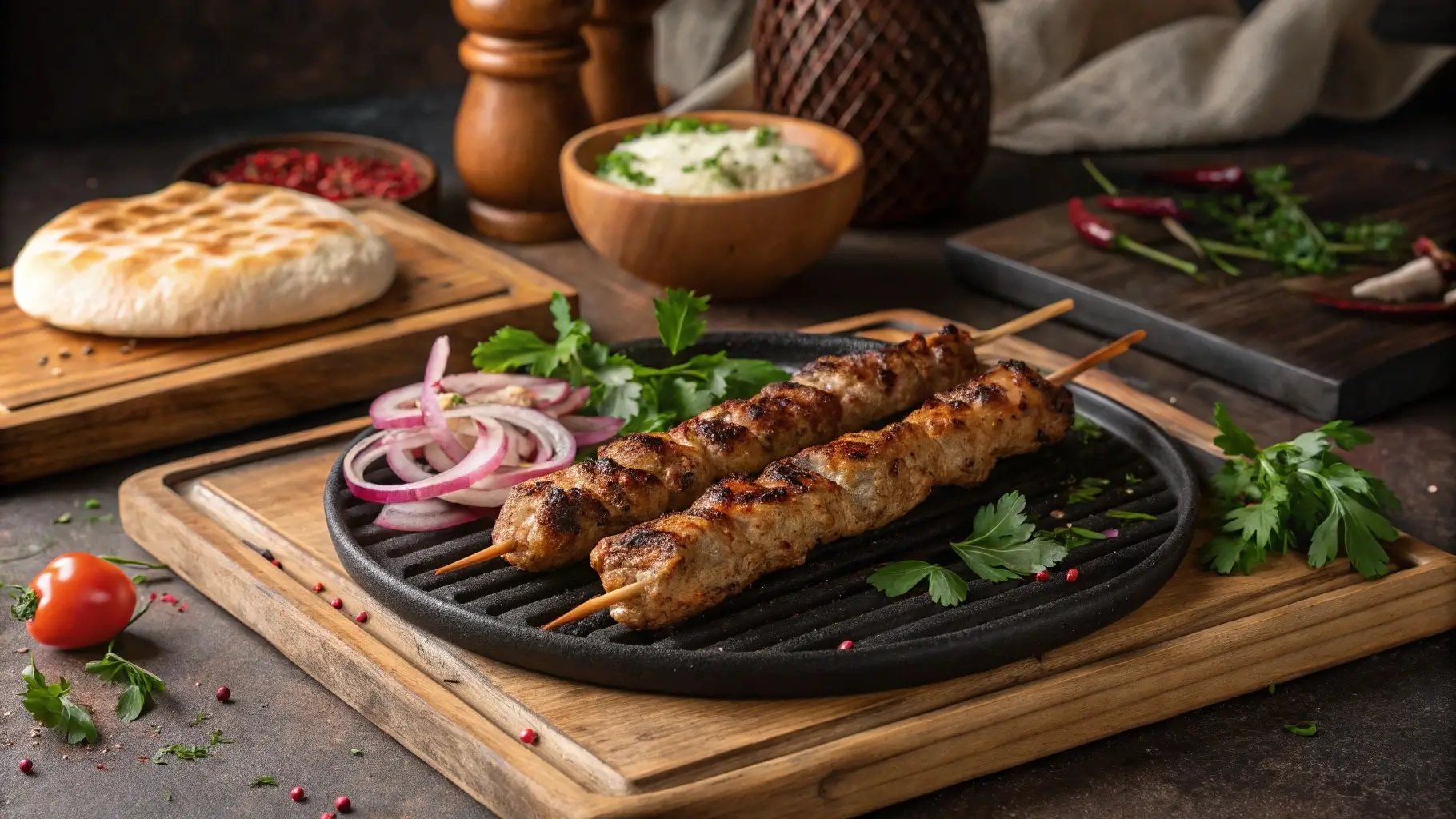 Grilled Chicken Adana Kebab skewers with onions and bread