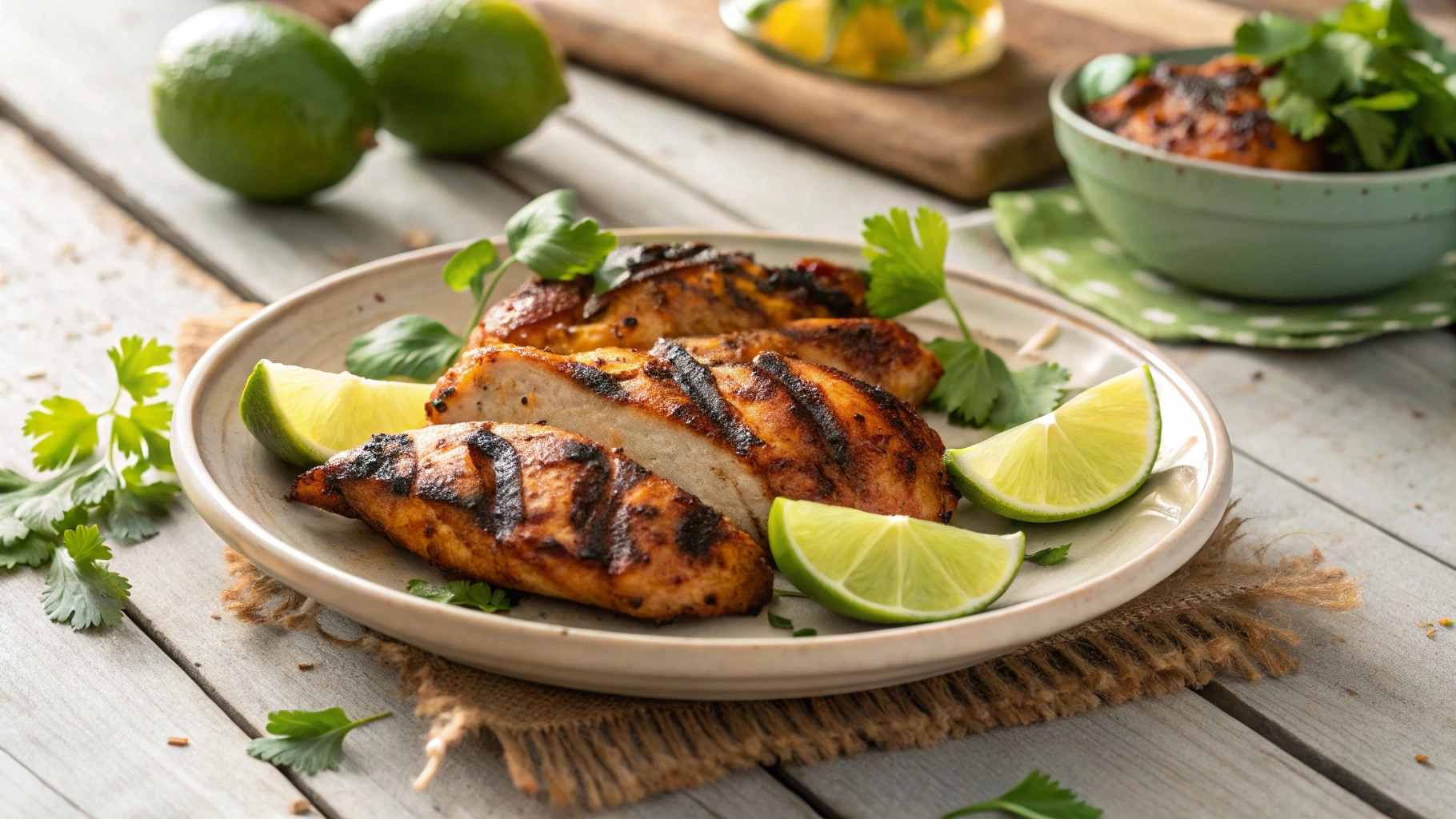 Grilled chicken marinated in Mexican chicken marinade with lime wedges and cilantro