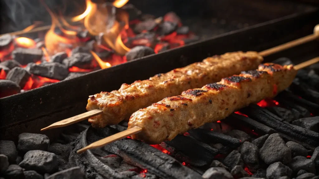 Chicken Adana Kebabs grilling over charcoal flames