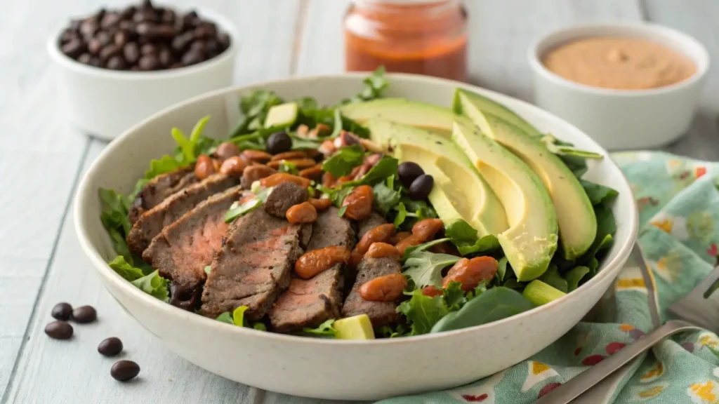 Leftover chipotle steak bowl with greens and avocado