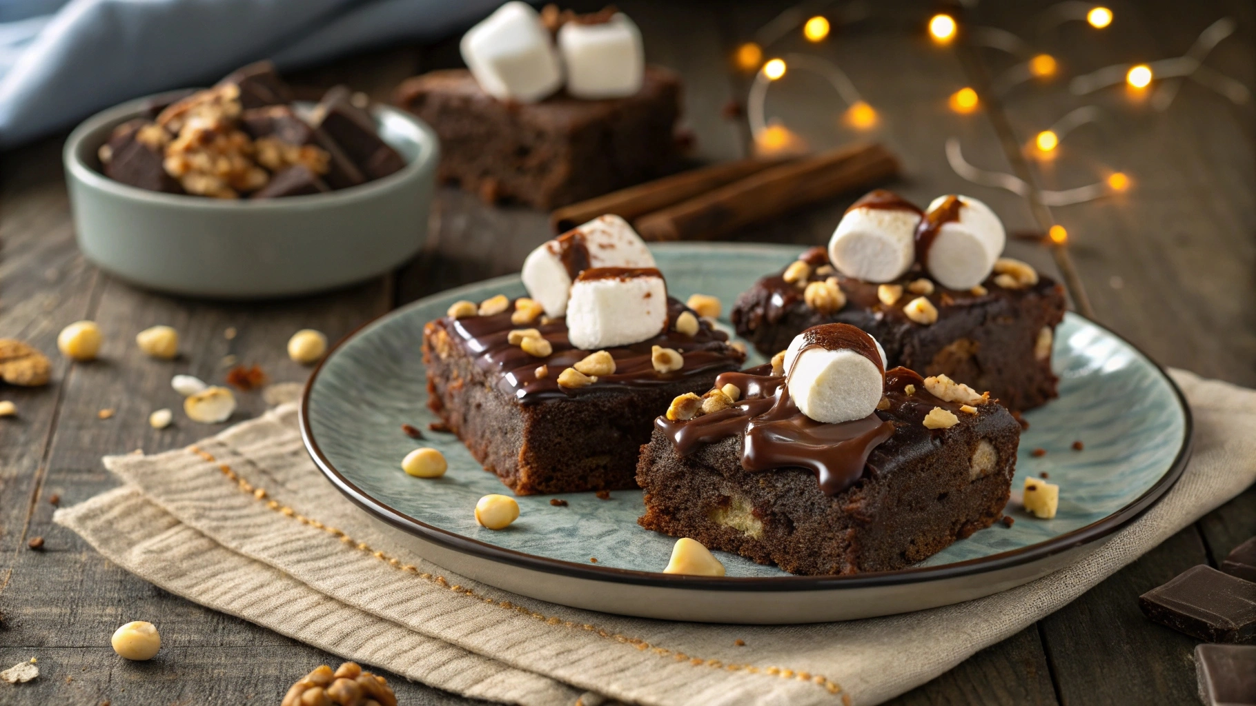 A plate of gooey heavenly hash brownies with marshmallows and nuts