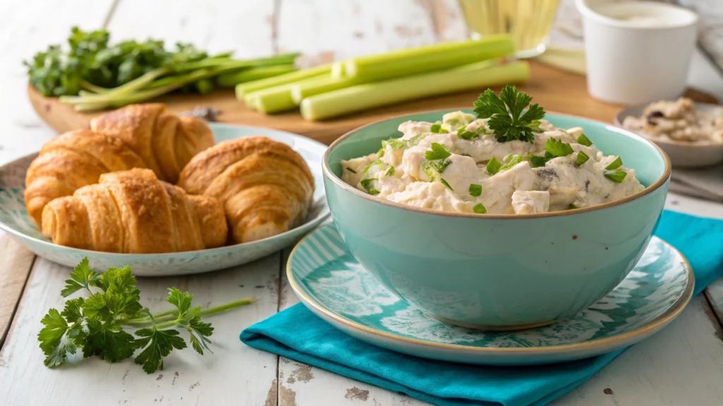 A bowl of creamy Chicken Salad Chick recipe garnished with parsley