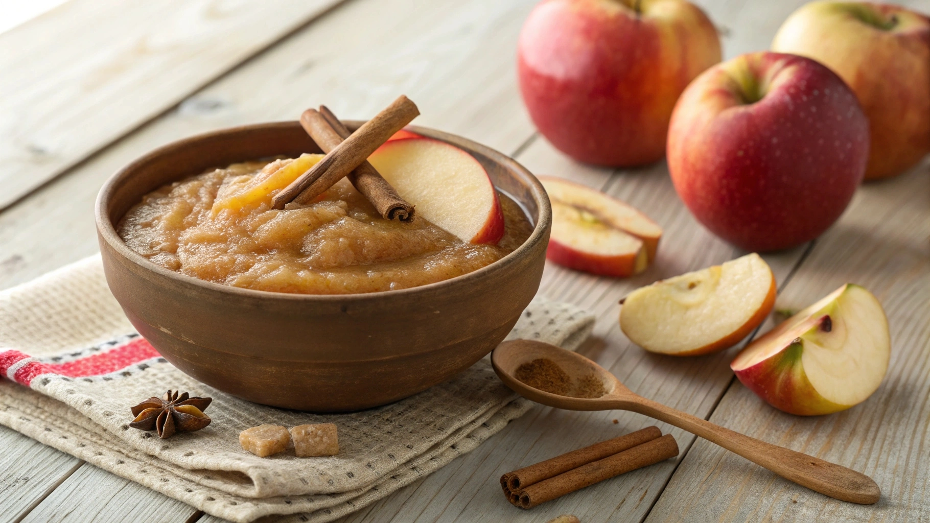 Bowl of cinnamon applesauce with apple slices and cinnamon stick