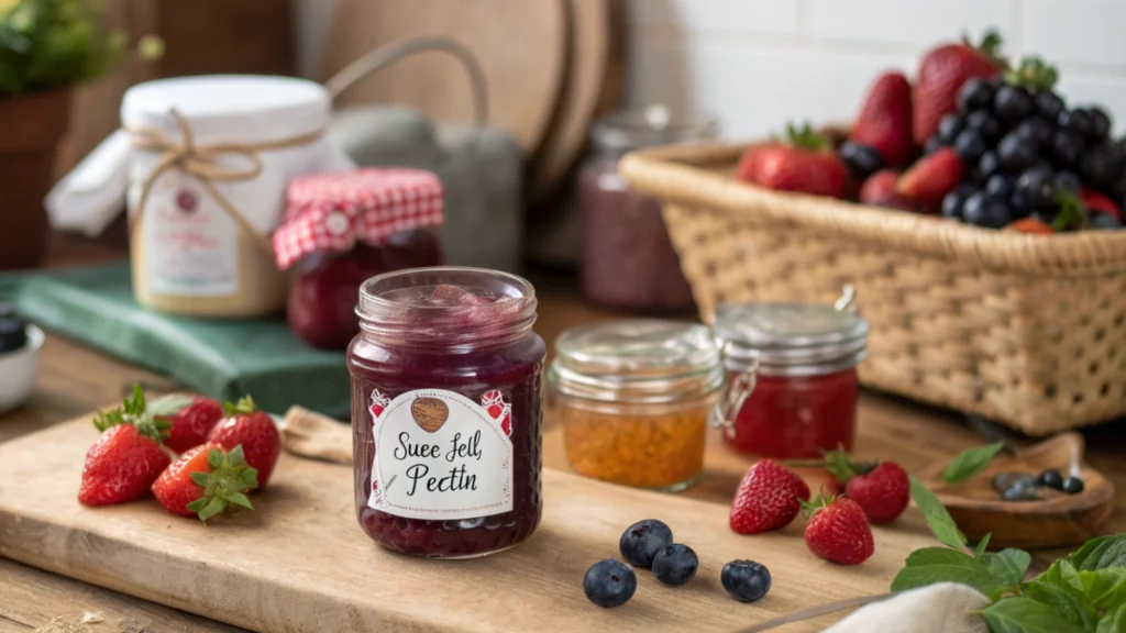 Homemade jams and jellies made with Sure-Jell in a rustic kitchen