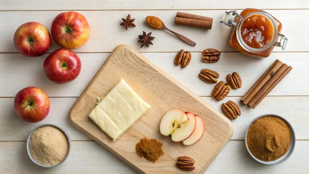 Ingredients for apple and pecan Danish pastry tart on a wooden counter