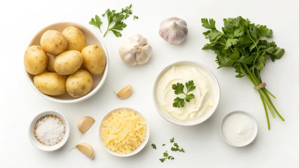 Ingredients for creamy garlic sauce baby potatoes on a countertop.