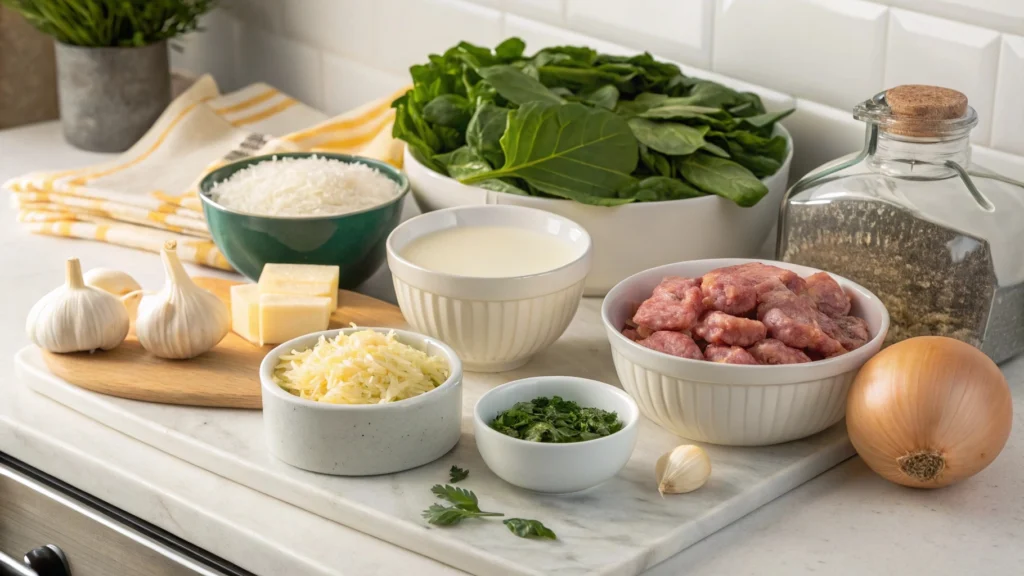 Ingredients for Creamy Parmesan Italian Sausage Soup on a counter