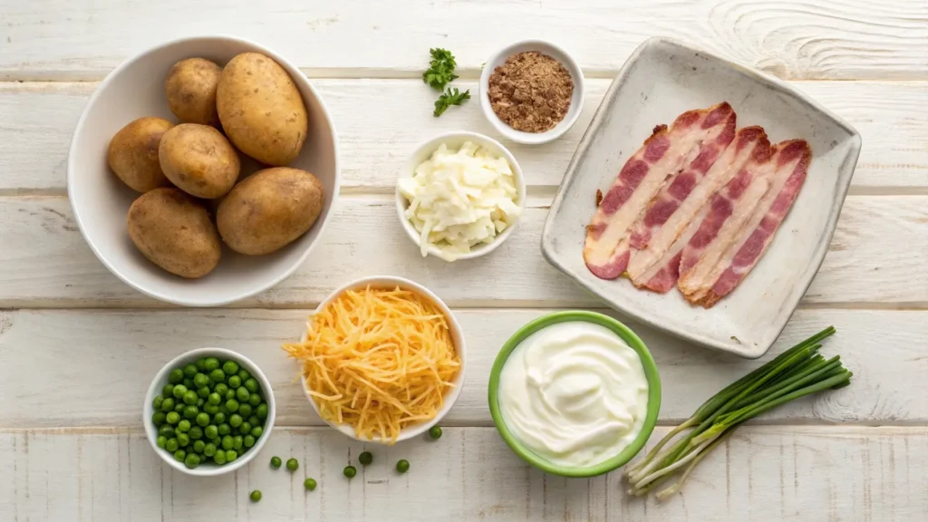 Ingredients for crock pot cheesy potato soup on a wooden counter