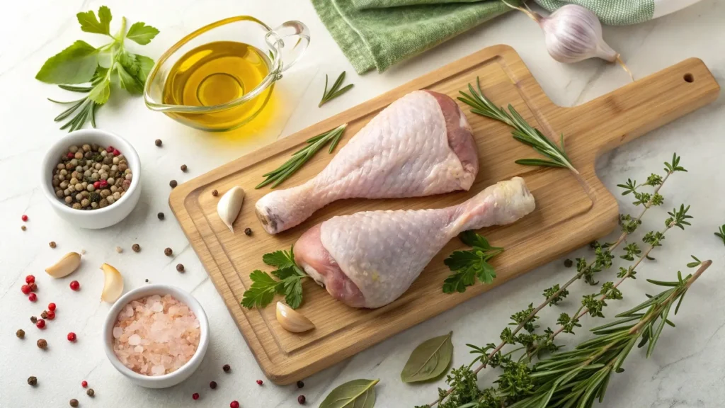 Ingredients for turkey drumsticks including herbs and spices