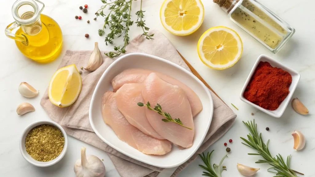 Ingredients for Blackstone chicken including marinade and spices