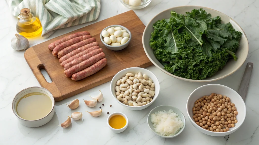 Ingredients for sausage kale and white bean soup on a counter