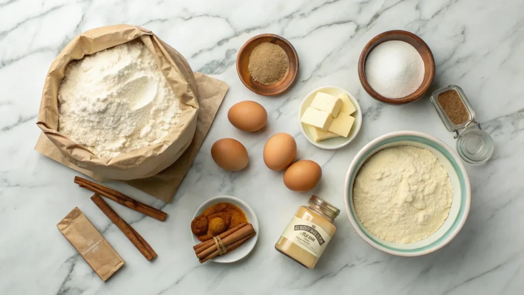 Ingredients for sourdough cinnamon rolls recipe on a marble countertop