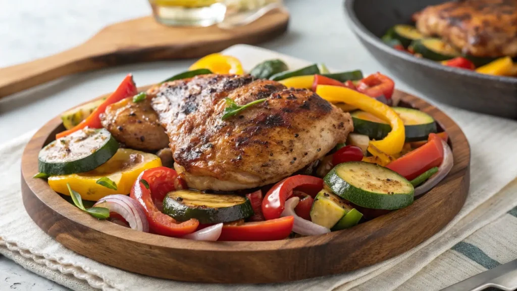 Blackstone chicken thighs served with sautéed vegetables