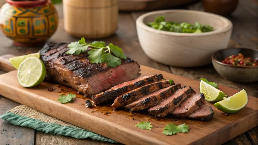 Juicy chipotle steak recipe sliced with cilantro and lime