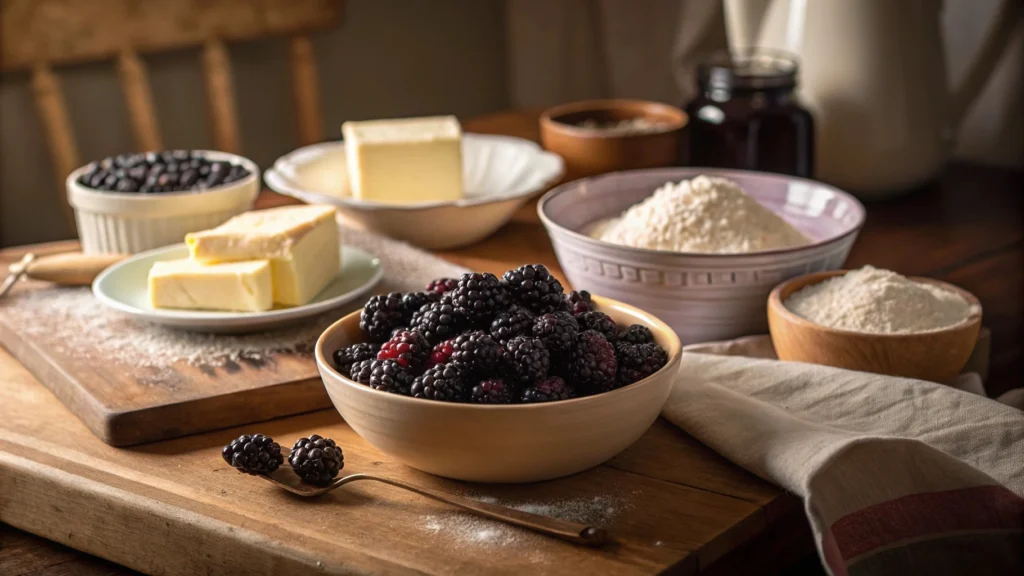 Ingredients for blackberry dumplings on a wooden countertop