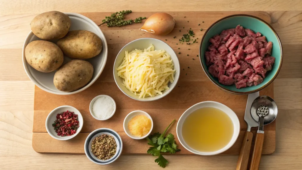 Ingredients for cheesy hamburger potato soup on a wooden counter