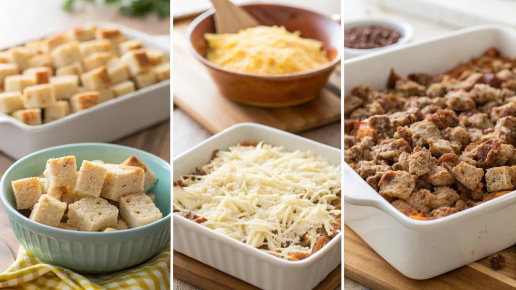 Close-up of Paula Deen brunch casserole being layered with bread, sausage, and cheese