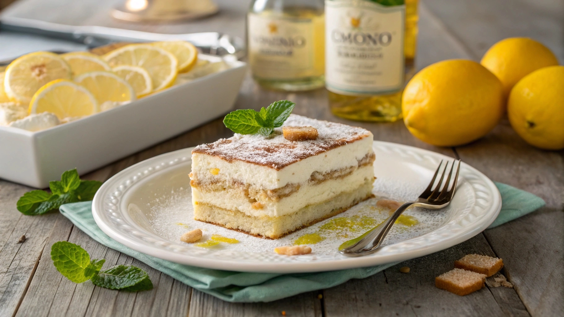 Slice of limoncello tiramisu garnished with lemon zest and mint