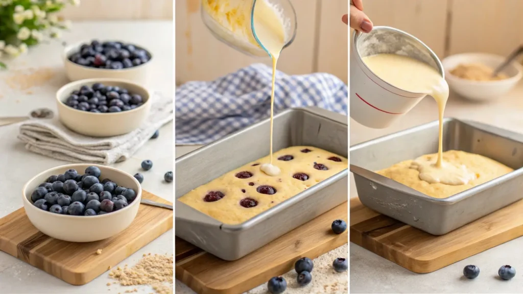 Step-by-step process of preparing blueberry lentil bread batter.