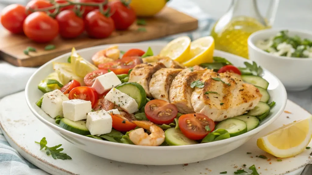 Mediterranean chicken and shrimp salad with fresh vegetables and feta.