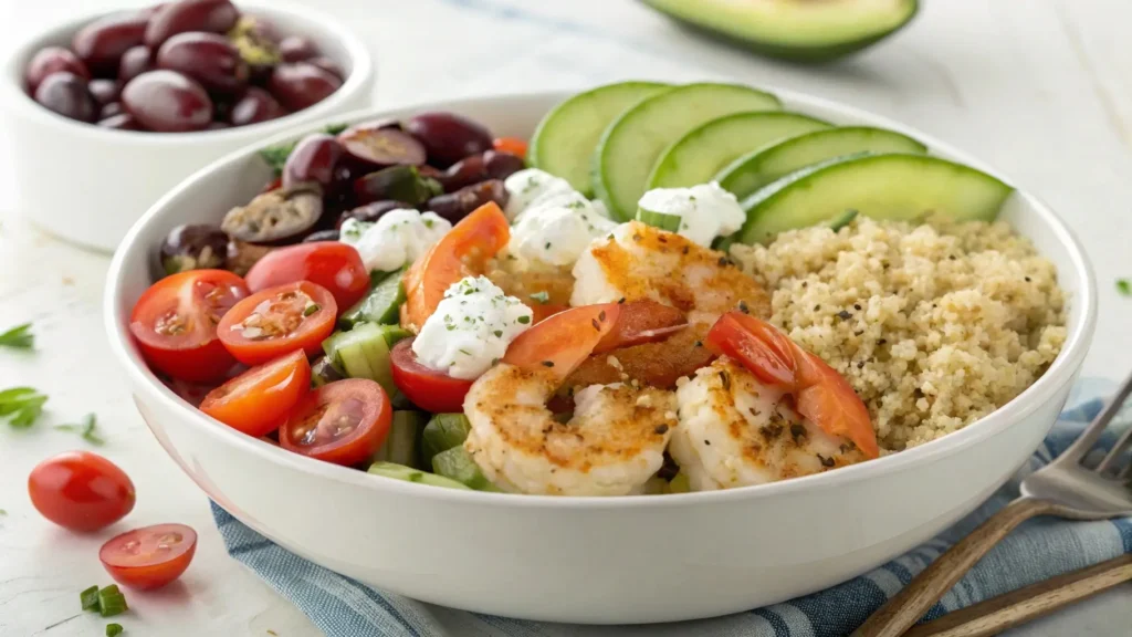 Mediterranean shrimp bowl with quinoa and tzatziki