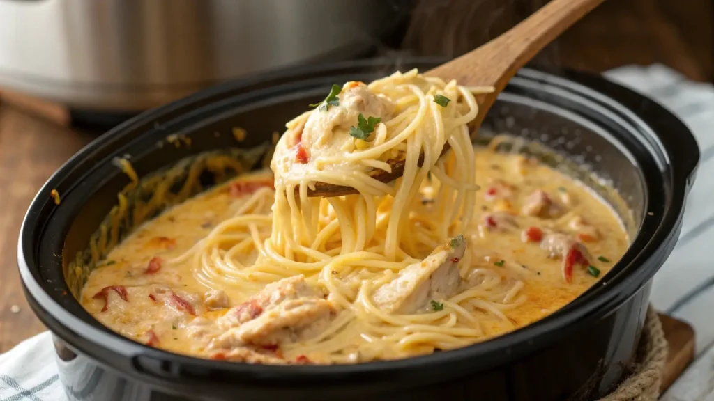 Cheesy topping on crockpot chicken spaghetti