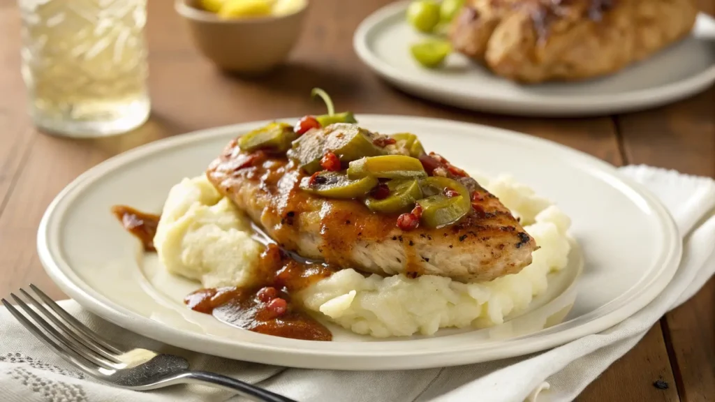 Mississippi chicken instant pot served with mashed potatoes