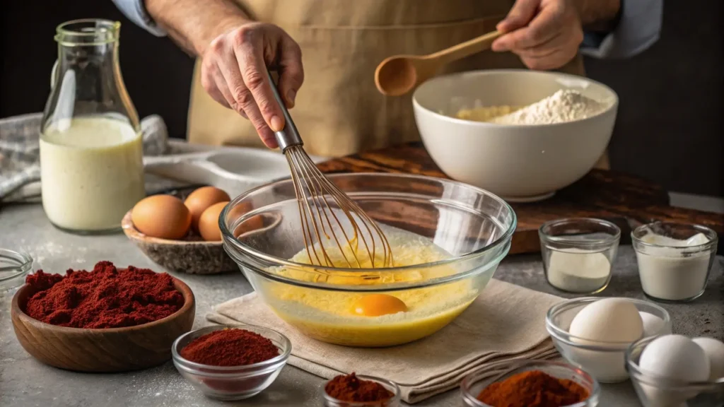 Mixing wet ingredients for moist red velvet cake