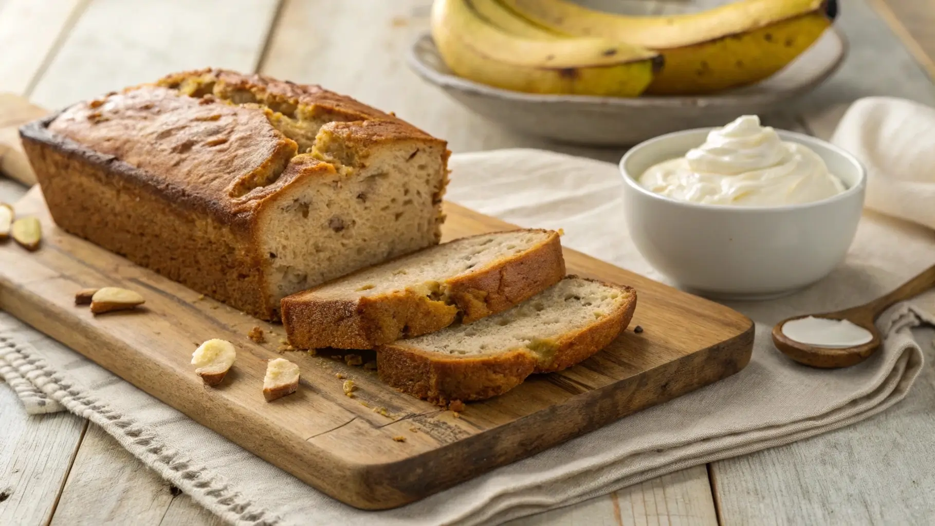 Perfectly baked Chobani banana bread sliced on a wooden board with yogurt on the side