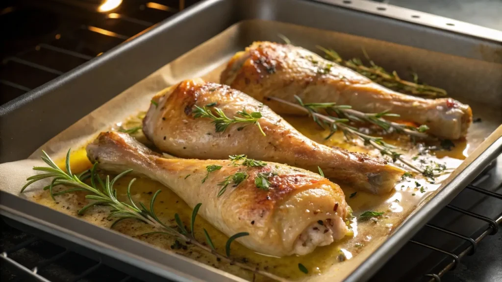  Turkey drumsticks roasting in the oven with herbs and butter