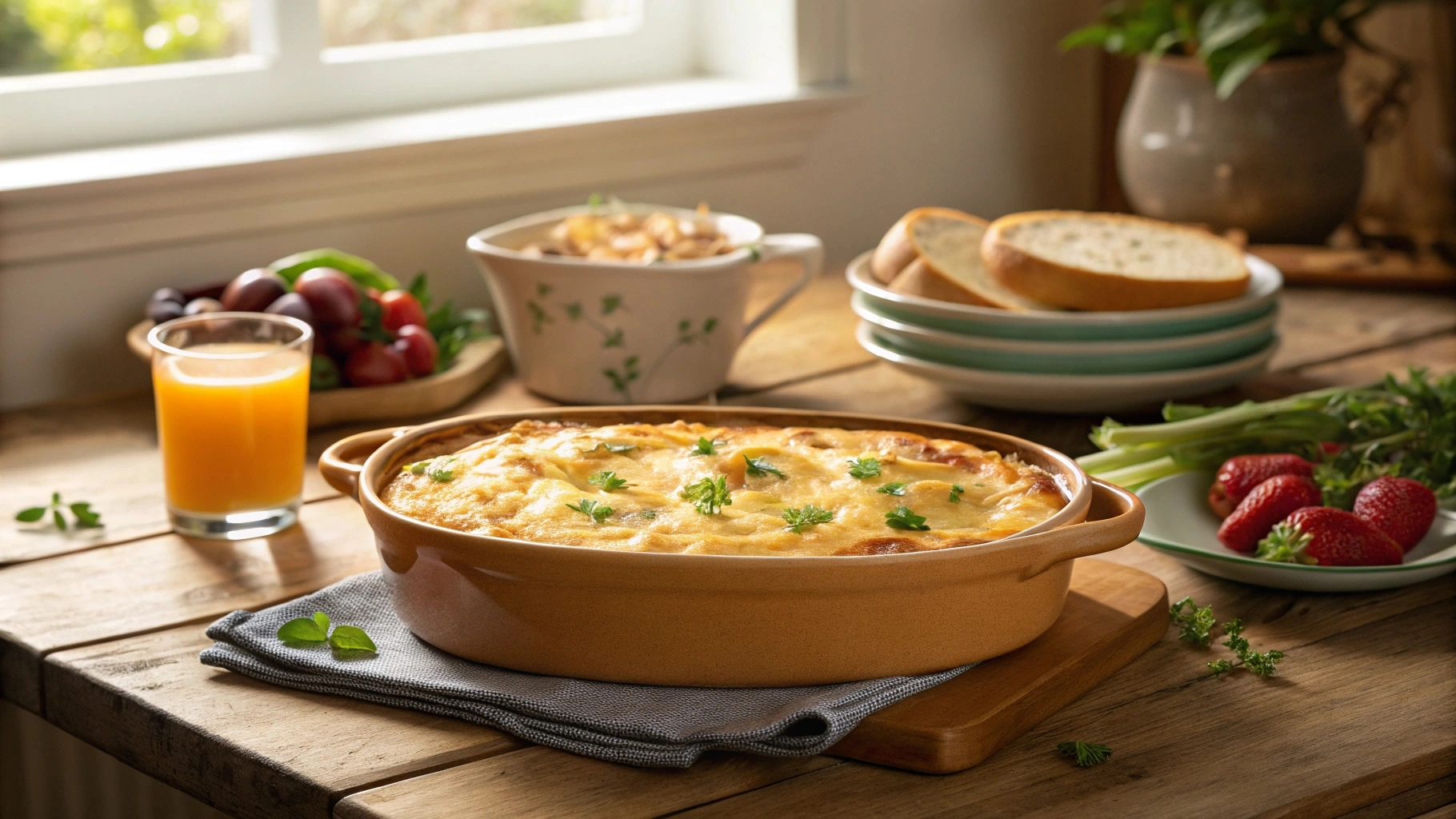 Baked Paula Deen brunch casserole in a ceramic dish with parsley garnish