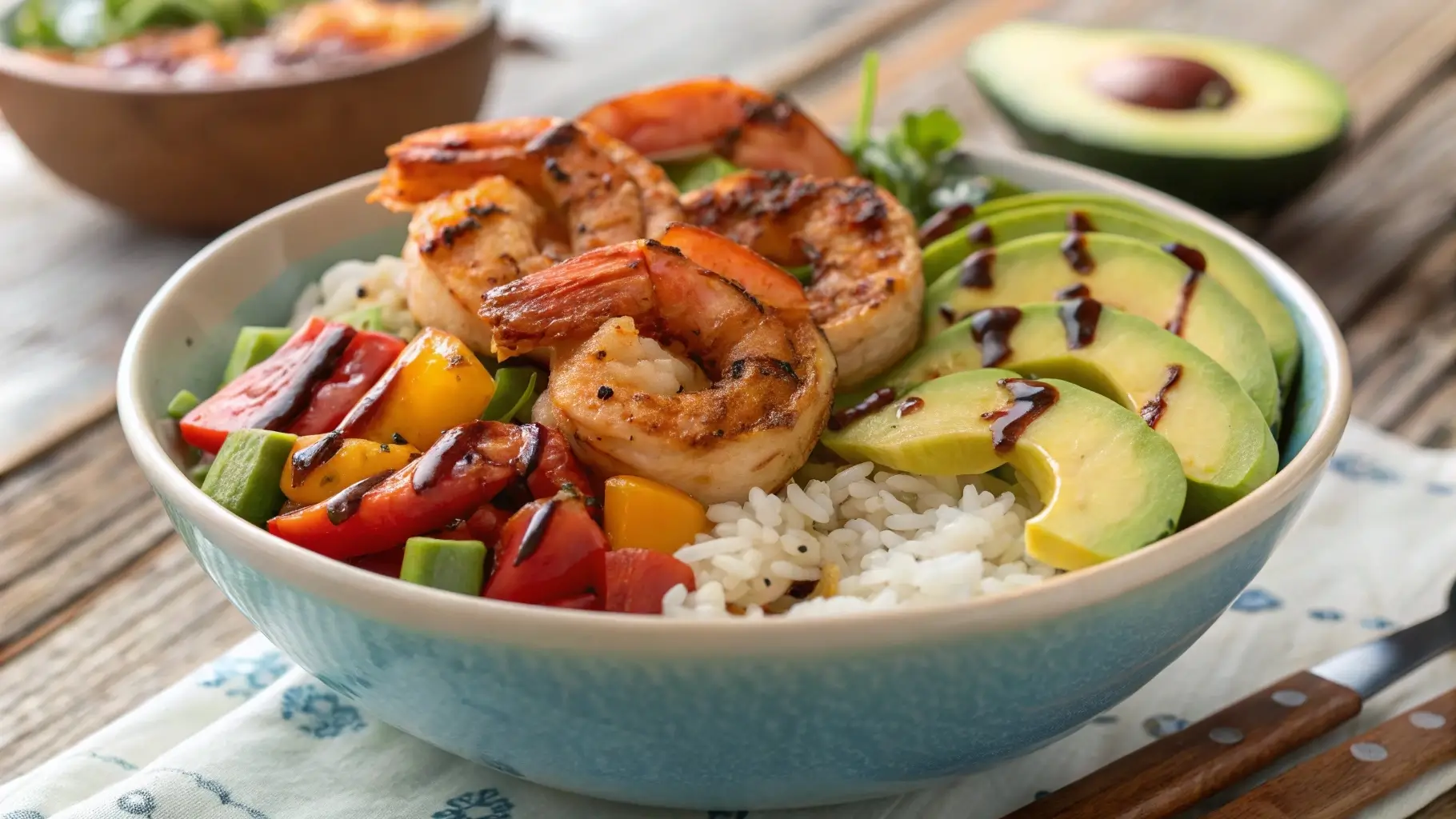 Shrimp bowl with grilled shrimp, rice, and colorful vegetables