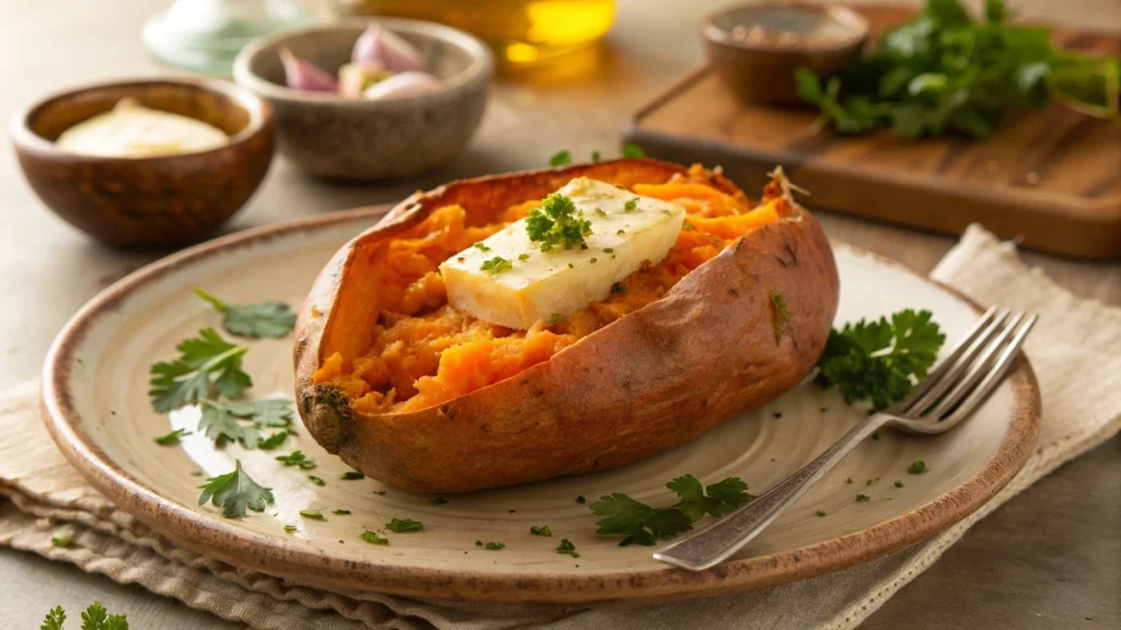 Baked sweet potato sliced open with melting butter and parsley garnish