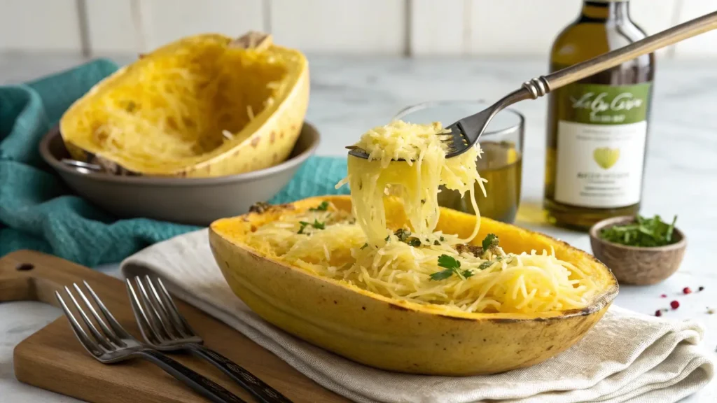 Fluffing crockpot spaghetti squash strands with a fork