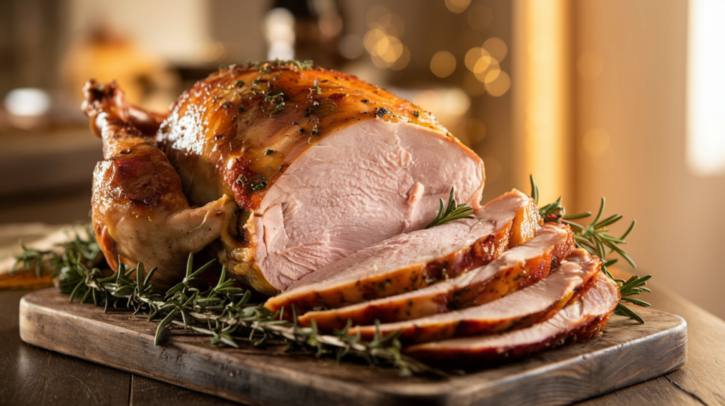 Turkey breast being seasoned with a dry rub on a clean kitchen countertop