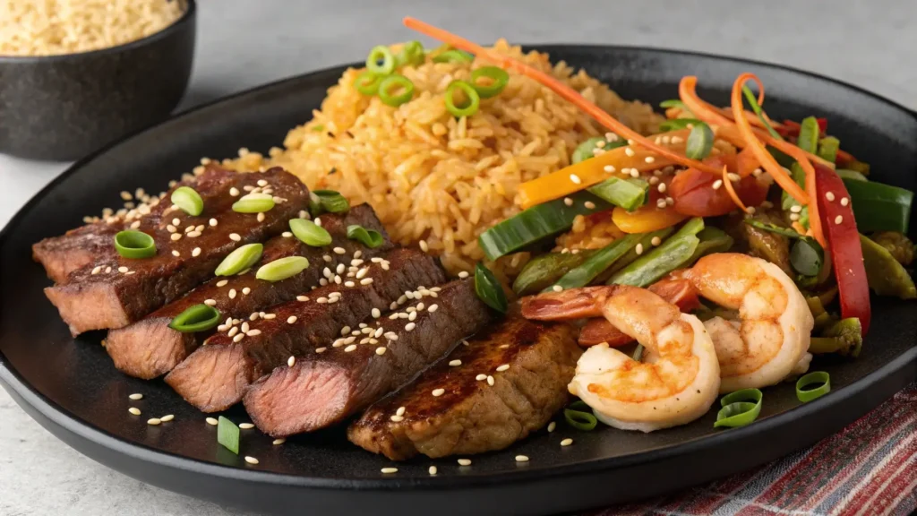 Blackstone hibachi recipe plated with steak, shrimp, and rice