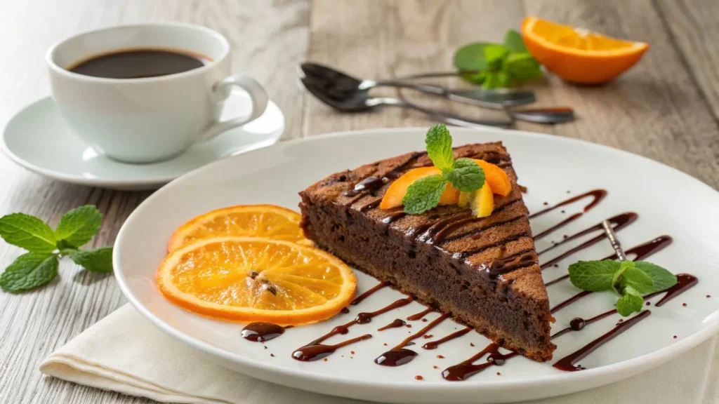 Slice of moist chocolate orange almond cake with garnish	