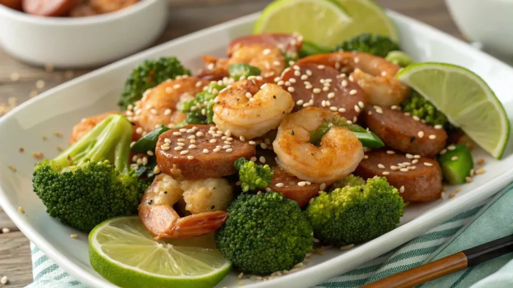 Serving Plate with Honey Garlic Shrimp, Sausage, and Broccoli