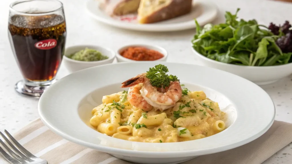 Plated macaroni and cheese langostino served with wine and salad