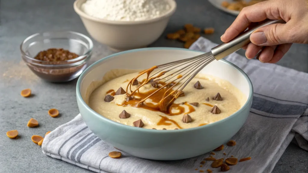 Mixing batter for caramel salt pancakes