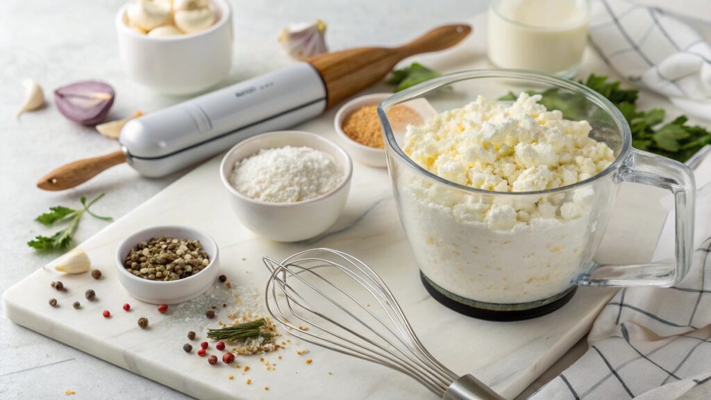 Blender filled with cottage cheese, milk, garlic, and seasonings