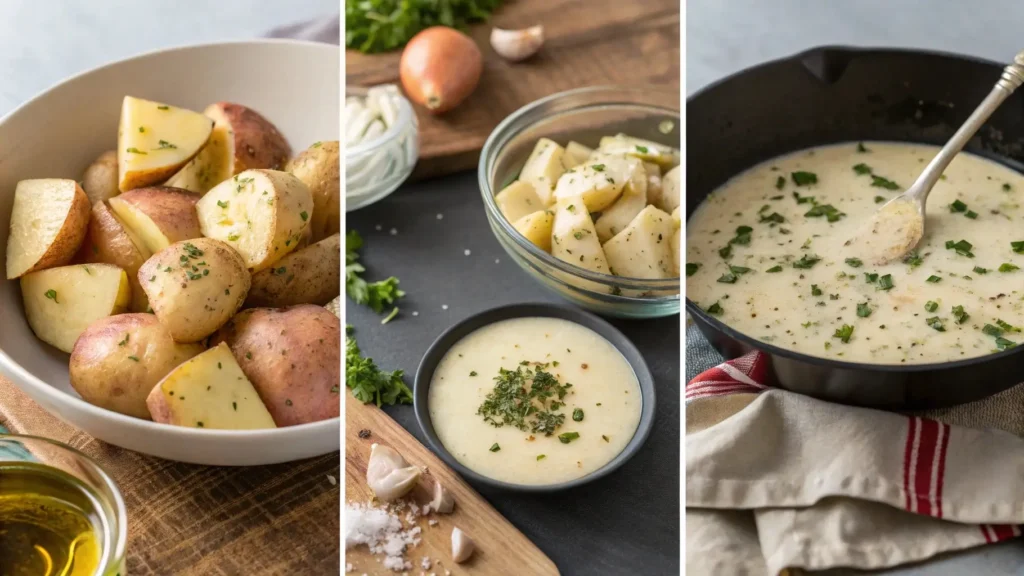 Preparing creamy garlic sauce and seasoning baby potatoes.