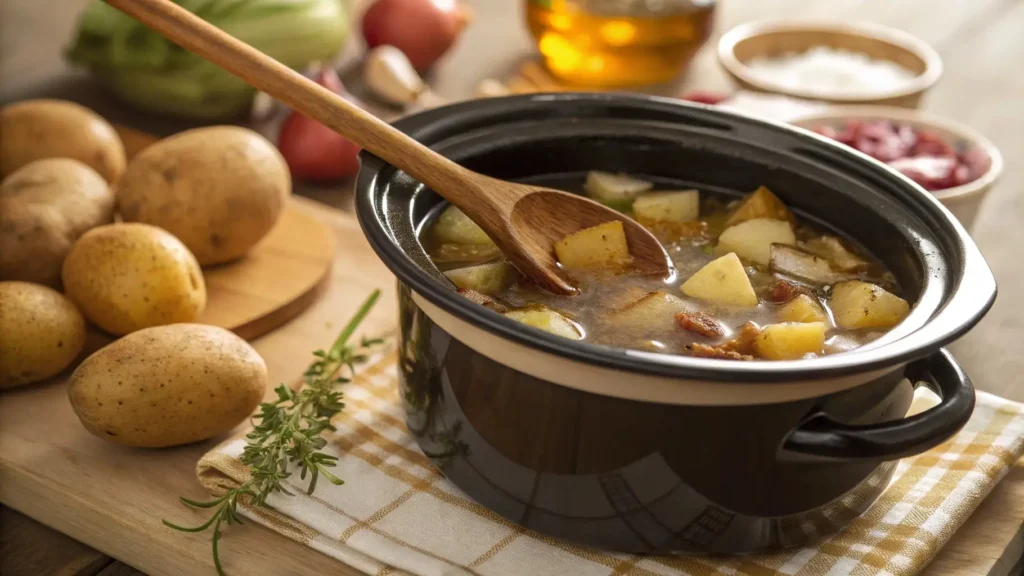 Potatoes and broth being stirred in a crock pot