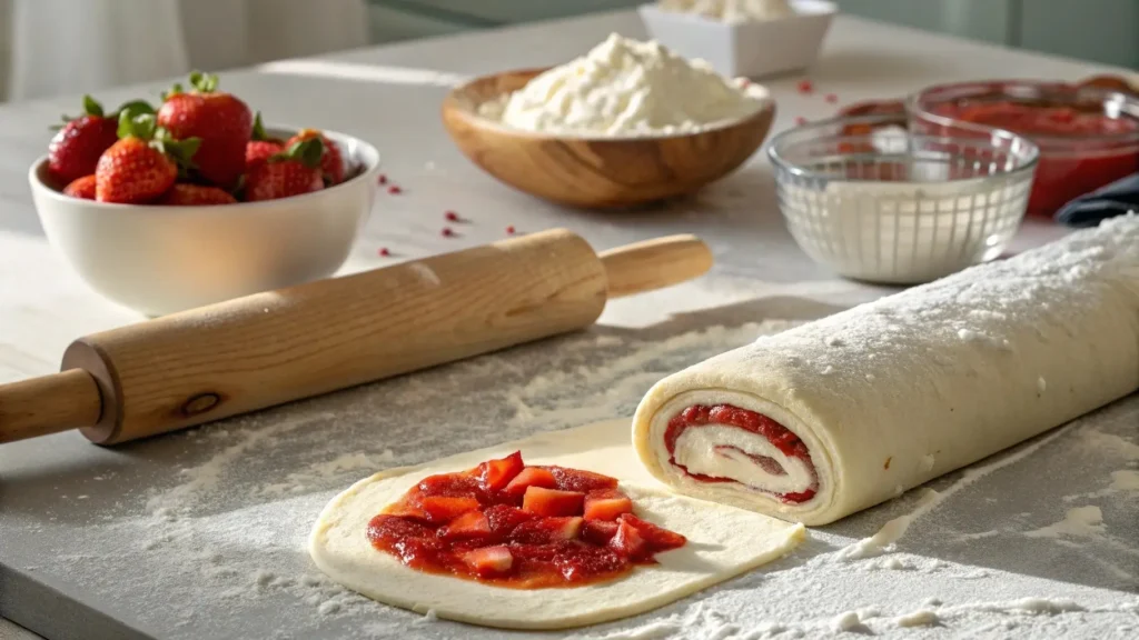 Rolled-out dough with cream cheese and strawberry filling being spread