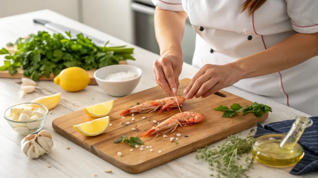 Langostino tails being cleaned and seasoned on a cutting board