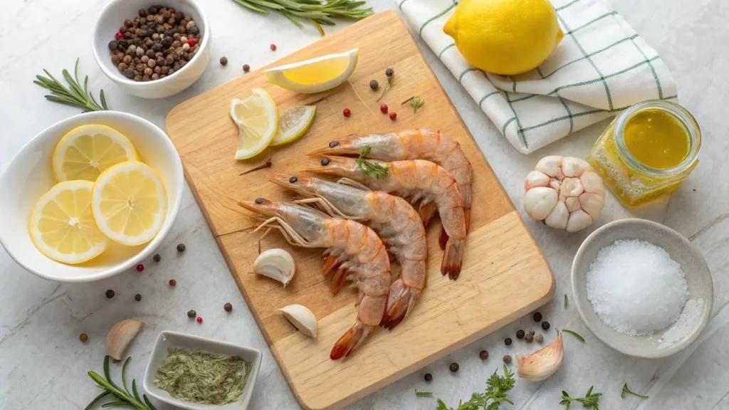 Fresh shrimp being cleaned and marinated