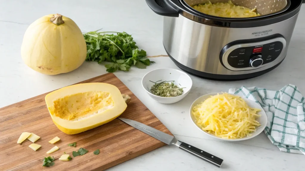 Preparing crockpot spaghetti squash with a knife and slow cooker