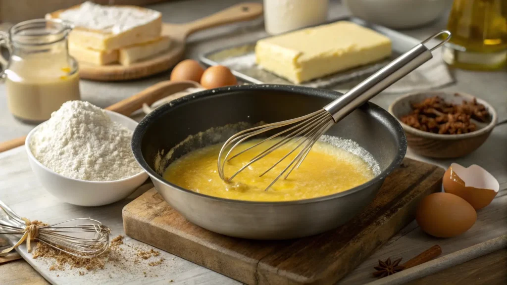 Whisking butter and flour into a golden roux for brown gravy