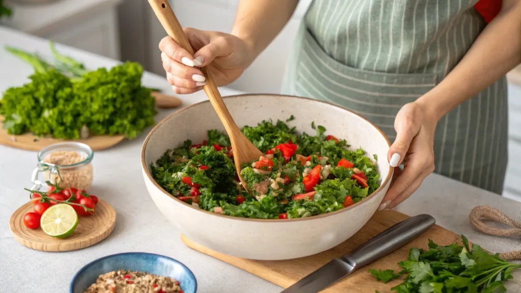 Mixing Chicken Adana Kebab ingredients in a large bowl