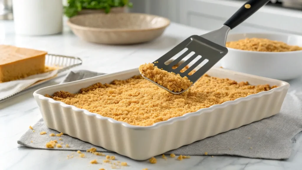 Pressing graham cracker crust for strawberry lasagna